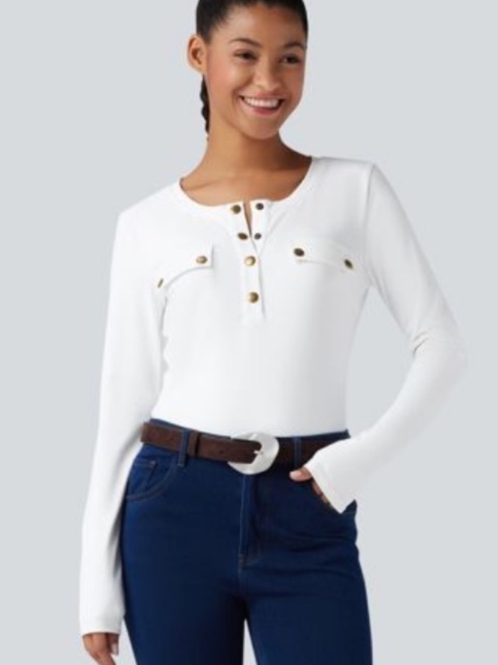 HALARA White Long Sleeve Women's Top Buttons Detail casual comfy everyday M